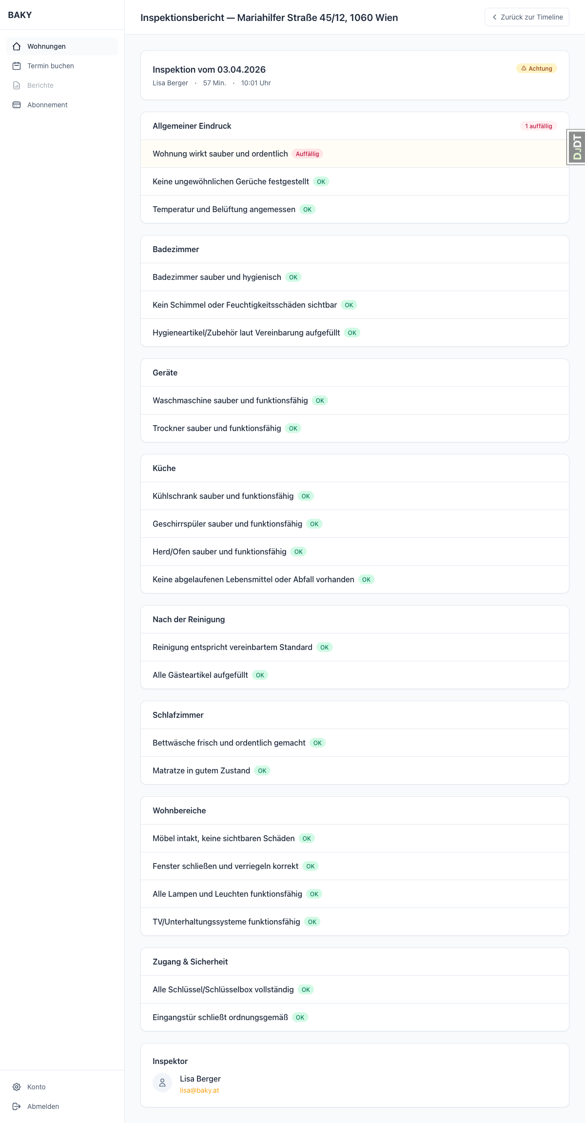 BAKY Inspektionsbericht im Eigentümer-Dashboard